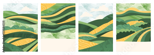 Abstract green background with rice, wheat, tea, corn field, sustainable agriculture design. Vector illustration with geometric pattern, nature texture, eco-friendly. Vintage, modern, Japanese covers