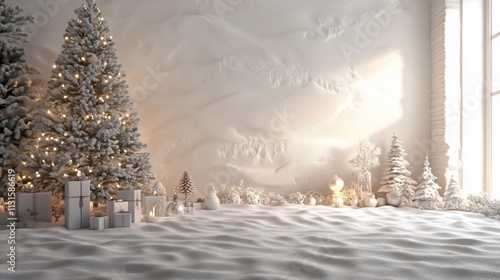 Snowy Christmas scene with a decorated tree, gifts, and winter landscape.