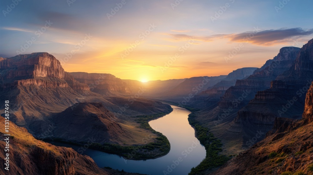Fototapeta premium Breathtaking Sunset Over Majestic Canyon Landscape with River Winding Through Grand Valley