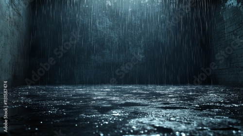 Dark space with heavy rain creating a moody atmosphere and reflective surface photo