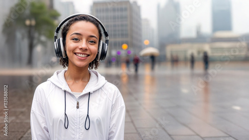 Girl with headphones in the rain photo