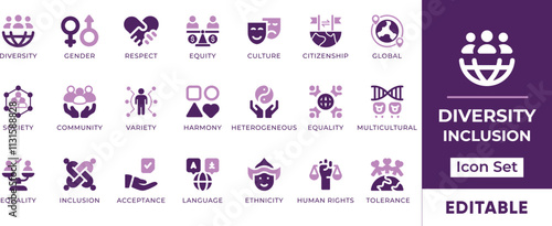 Diversity and Inclusion Icon Set. Features editable icons for diversity symbols, inclusion, equality, equity, culture, and more. Perfect for social justice campaigns, and educational materials.