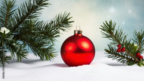 Bola de natal sobre a neve com galhos de arvores de natal