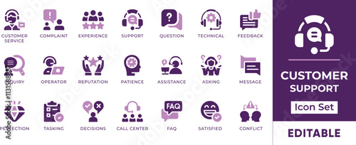 Customer Support Icon Set. Features editable icons for customer service symbols, support, help, assistance, inquiry, feedback, and more. Perfect for websites, apps, and digital projects.