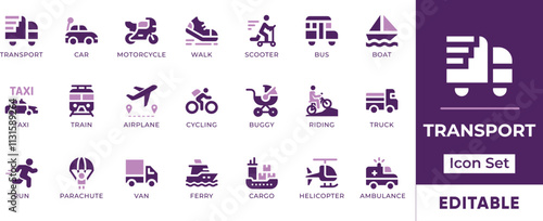 Transport Icon Set. Features editable icons for transportation symbols, car, motorcycle, walk, scooter, bus, boat, taxi, and more. Perfect for transportation-related designs and applications.