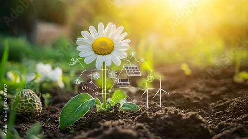 A giant daisy with renewable energy symbols, including solar panels and wind turbines, growing from its petals, representing the growth of green energy solutions. 