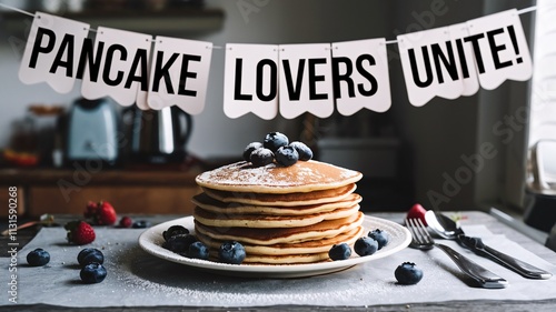 Pancake Lovers Unite: Fluffy Stack with Fresh Berries on Rustic Table