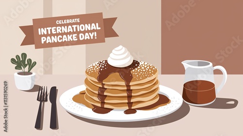 International Pancake Day Celebration with Tall Syrupy Stack in Rustic Kitchen