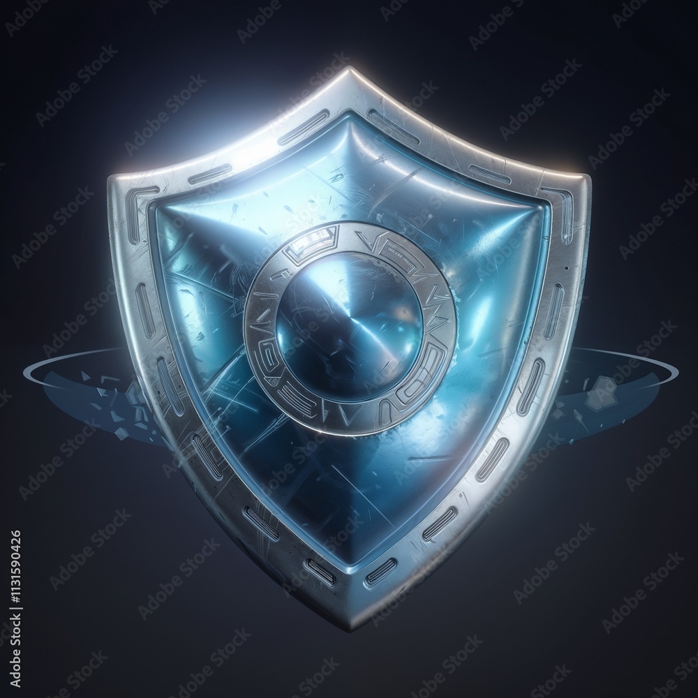 Fototapeta premium A sleek, modern shield with a glowing blue center, surrounded by intricate engravings and a circular emblem, reflecting a high tech sci fi theme.
