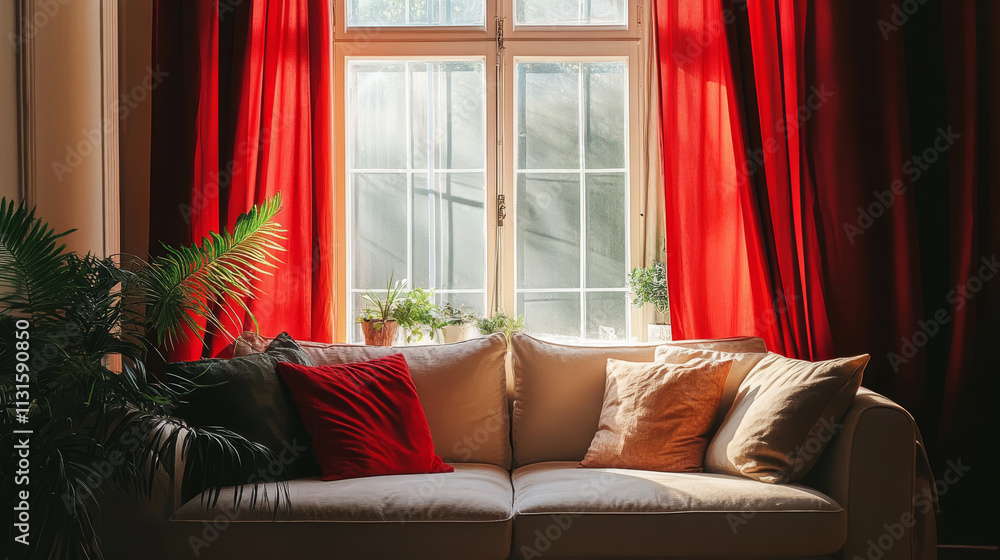 Fototapeta premium Cozy Corner: Sofa by the Window with Red Curtains