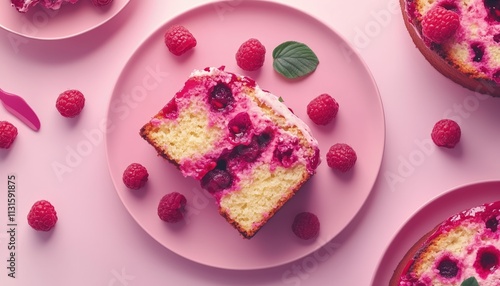Delicious raspberry cake slice on pink plate. (1)