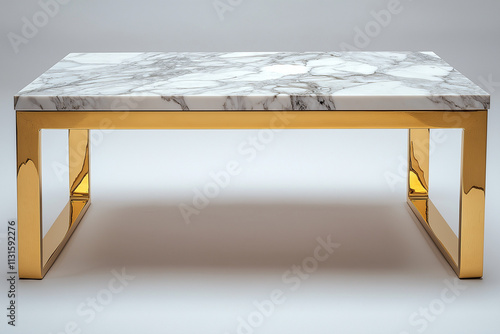 Photographie d'une table basse en marbre avec surface polie et pieds en métal doré, design simple et élégant, sur fond blanc photo