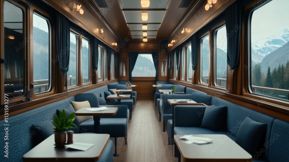 Fototapeta premium Cozy and Elegant Interior of a Scenic Train Car with Tables and Plush Seating Surrounded by Nature