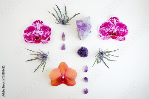 Botanical and Crystal Arrangement with Orchids photo