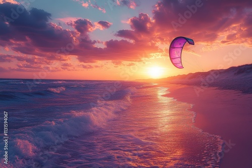 Stunning sunset over ocean beach with kitesurfing kite; vibrant colors, tranquil scene, waves, sand.
