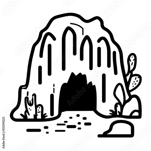 Minimalist cave illustration, black line art, nature and exploration