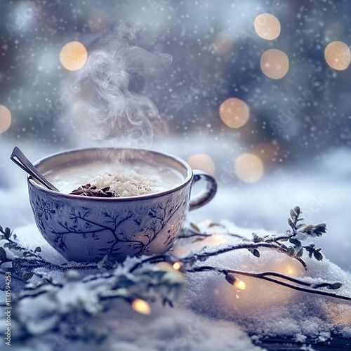 Cozy Winter Drink and Snow Steaming Bowl on Snowy Surface with Dusting of Snowflakes photo