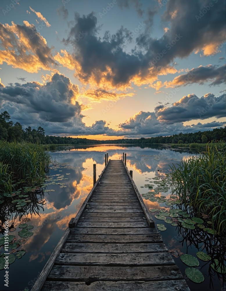 Obraz premium Wooden pier extending into calm lake with water reflecting dramatic clouds at sunset. Nature landscape photography. Scenic outdoor and travel concept.