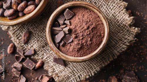 Cocoa powder and chocolate pieces in rustic presentation