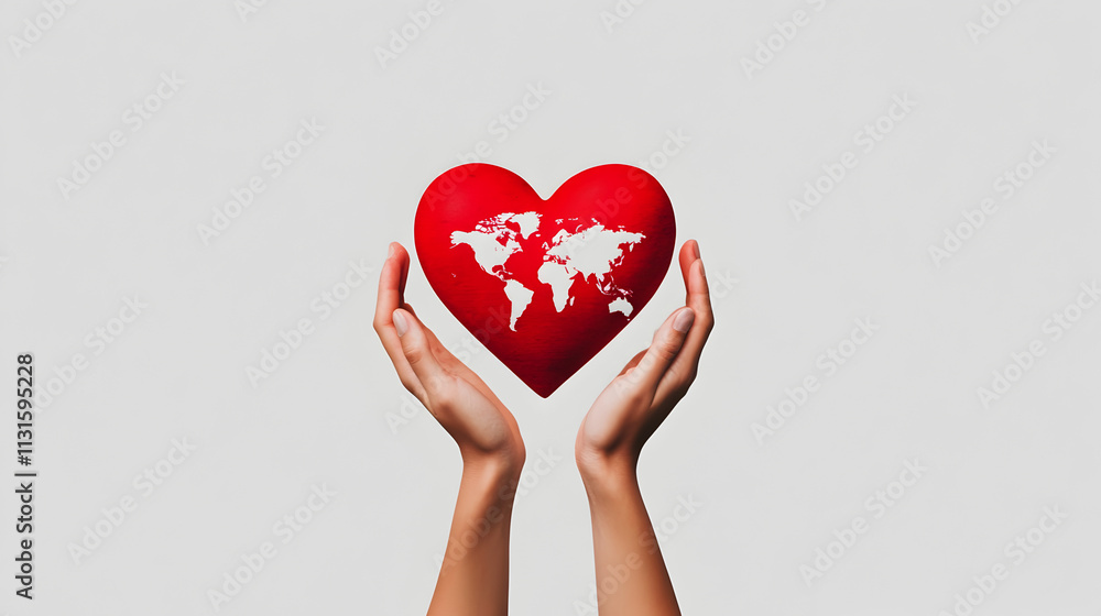 Fototapeta premium A heart and globe symbol connected by hands, symbolizing love for humanity and global peace. Global peace and humanity.