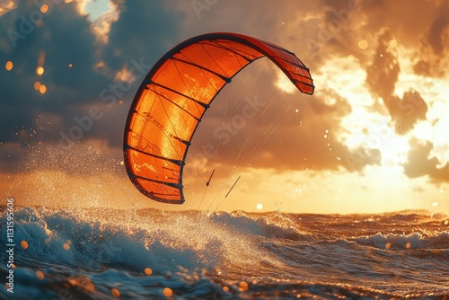 Orange kitesurfing kite soaring over ocean waves at sunset; vibrant, action-packed extreme water sports image.