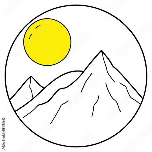 A big round yellow moon with a high mountain peak  ,White Background