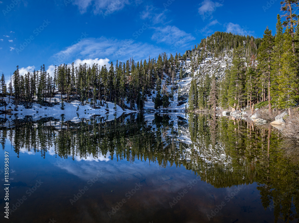 Mirror image of trees in Granite Lake, California