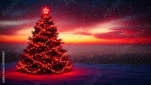 Decorated Christmas Tree with Red Lights and Star Topper Against Sunset Sky