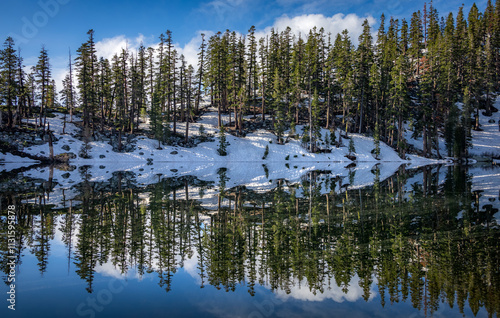Obraz na płótnie Mirror image of trees in Granite Lake, California w salonie