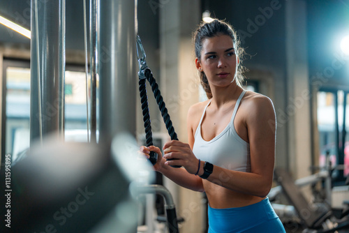 Foto Young, athletic woman works her triceps using a cable machine, demonstrating strength and precision in her workout