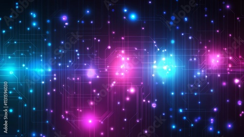 A futuristic digital background with abstract neon lights and circuit-like patterns glowing in shades of electric blue, purple, and pink, giving the design a tech-savvy