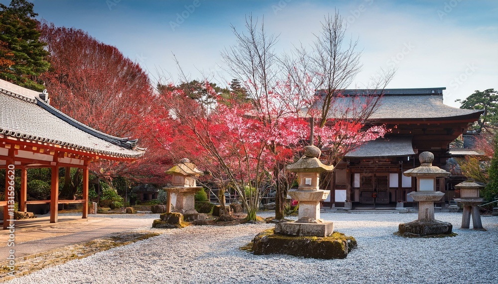 Fototapeta premium 梅の花が咲く静寂の寺院と春の息吹