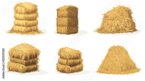 Dry farm haystack, bale, pile and heap stack, straw in rolls, fodder bundle, sack bag isolated agricultural vector set. Rural haycock, countryside grass, wheat