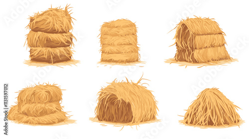 Dry farm haystack, bale, pile and heap stack, straw in rolls, fodder bundle, sack bag isolated agricultural vector set. Rural haycock, countryside grass, wheat