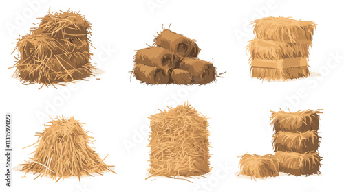 Dry farm haystack, bale, pile and heap stack, straw in rolls, fodder bundle, sack bag isolated agricultural vector set. Rural haycock, countryside grass, wheat