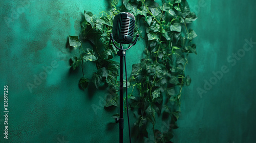 A modern microphone stand overgrown with ivy, placed in a green-tinted studio space.  photo