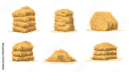 Dry farm haystack, bale, pile and heap stack, straw in rolls, fodder bundle, sack bag isolated agricultural vector set. Rural haycock, countryside grass, wheat