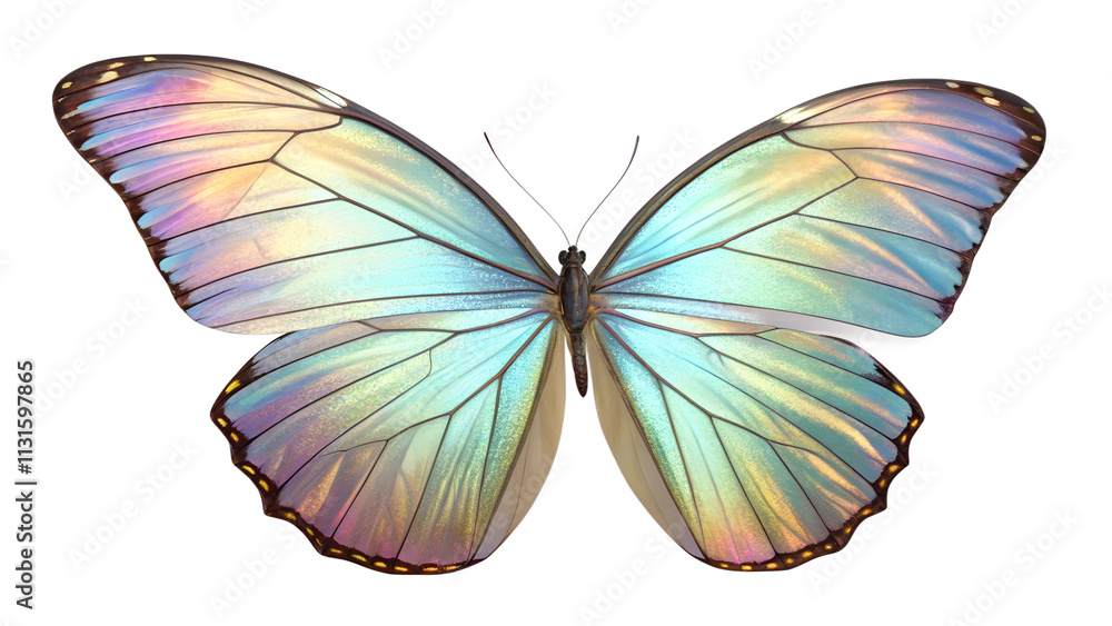 Obraz premium A vibrant, iridescent butterfly with semi-transparent wings shimmering in hues of blue, gold, and purple, symbolizing beauty, nature, and transformation. PNG