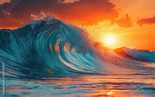 Majestic ocean wave crashing during a vibrant sunset, showcasing nature's power and beauty.
