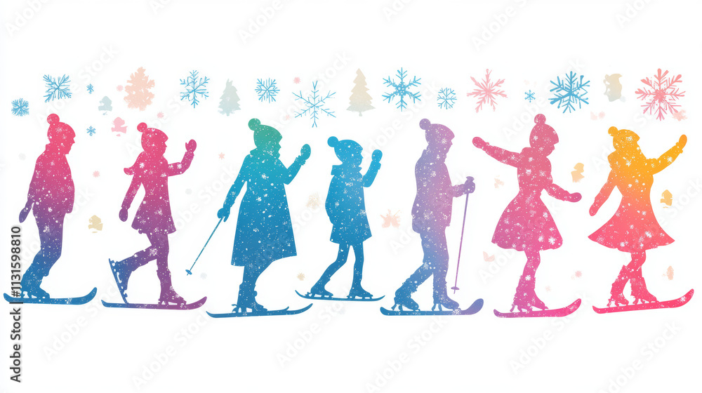 Fototapeta premium Cartoon ski skate winter sports silhouette knitted cap hat clothes Merry christmas new year seasonal warm wool decorated with pom pom, snowflake set collection, mistletoe.