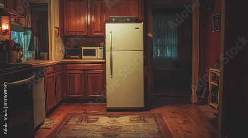 Kitchen Interior with Refrigerator and Wooden Cabinets
