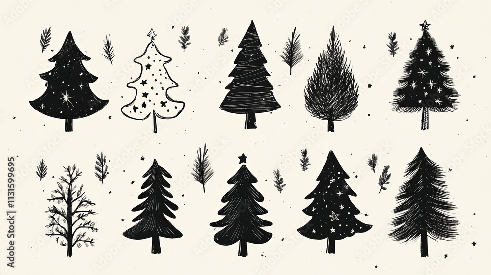 Obraz premium Set of hand drawn Christmas trees
