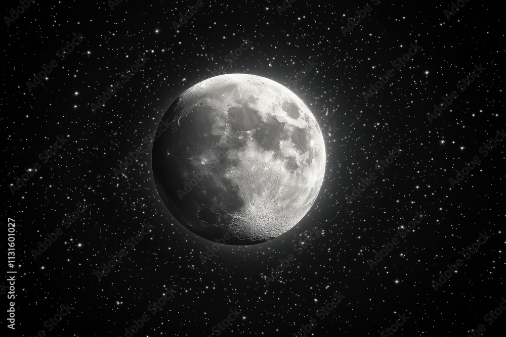 Fototapeta premium Bright full moon surrounded by countless stars illuminating the dark night sky