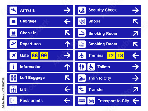 Comprehensive Airport Signage Icons: Departure, Arrival, Transfer, Baggage, Check-in, Toilet, Smoking Area, Transport to City and Lift Information. Vector.