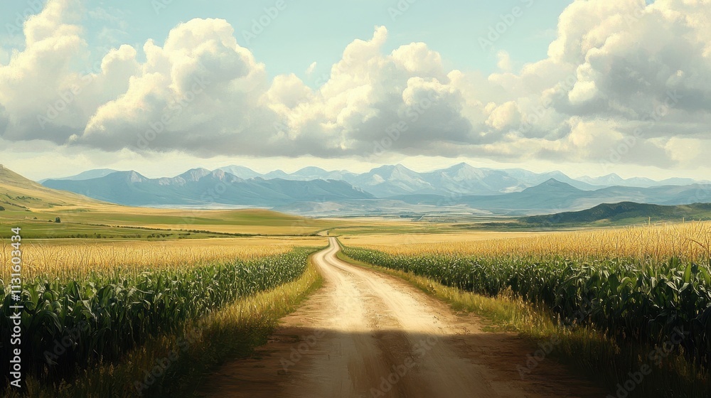 Naklejka premium Serene Dirt Road Through Cornfields and Grasslands