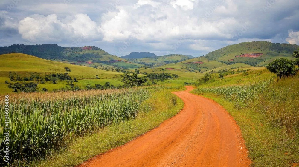 Naklejka premium Winding Dirt Road Through Golden Cornfields