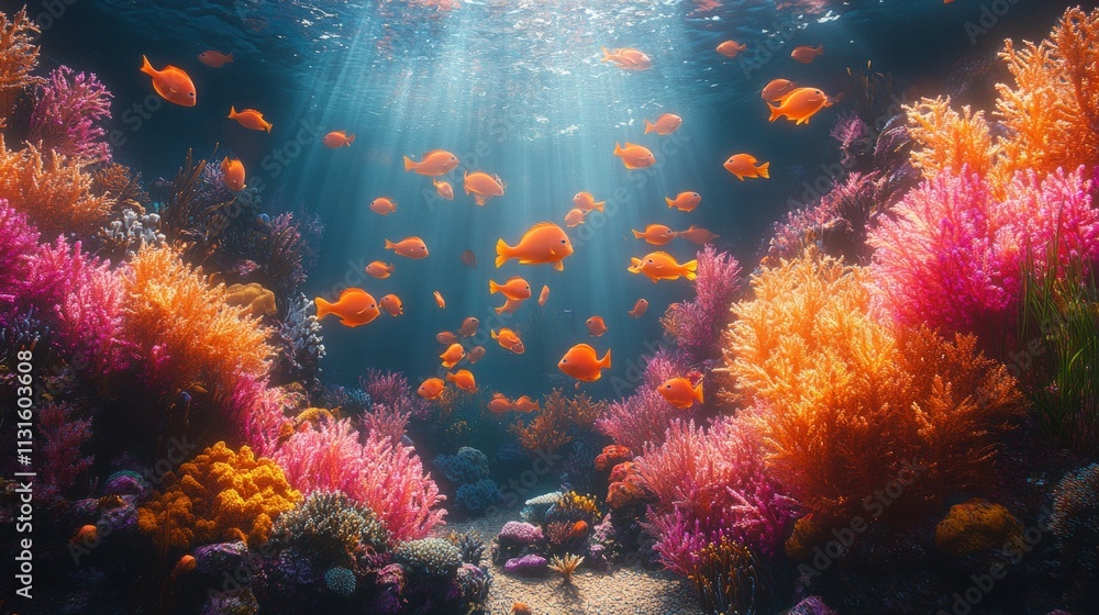 Fototapeta premium Vibrant coral reef, orange fish, sunlit ocean.