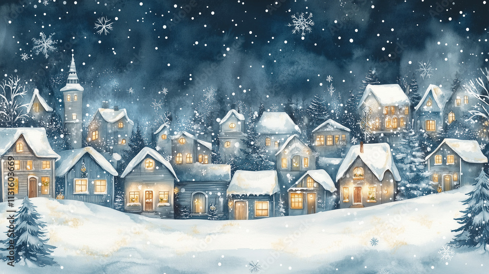 Naklejka premium Snowy hillside village with glowing windows