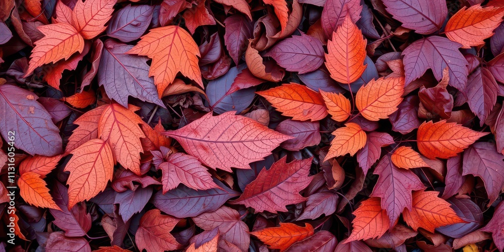 Fototapeta premium Dry orange metallic leaves arranged in a beautiful pattern on a vibrant violet background, dry, design