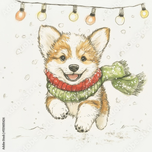 A festive scarf-clad puppy dances joyfully, playfully engaging with crayon and watercolor.